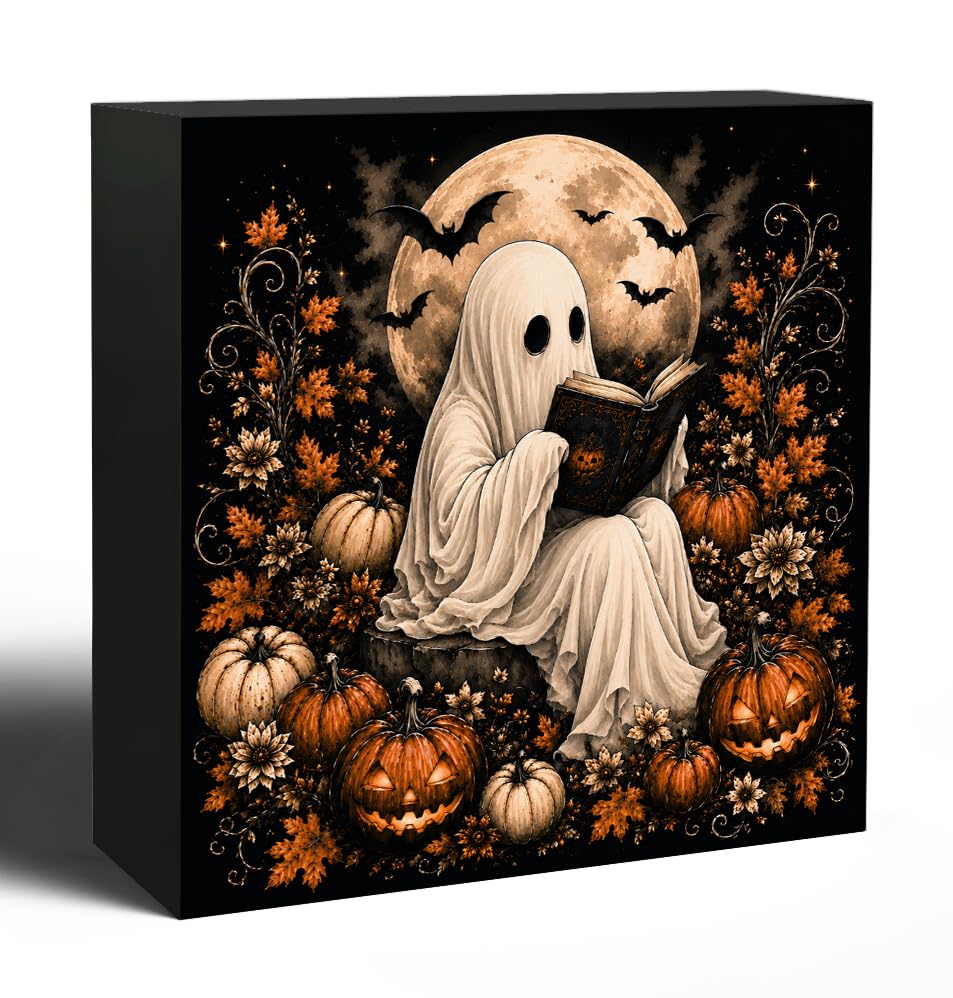 Halloween Ghost Read Book Wooden Box Decorative Sign 5x5 Inch - color: N