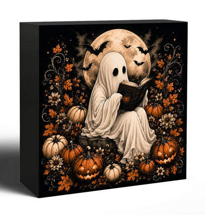 Halloween Ghost Read Book Wooden Box Decorative Sign 5x5 Inch - color: N