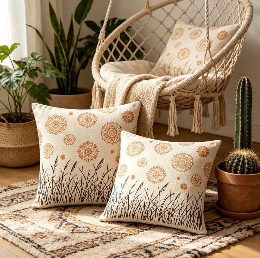 Boho Floral Reed Throw Pillow Covers Set of 2, 18x18 Inch - color: A20018, size: 18" x 18" (Pack of 2)