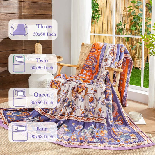 Boho Throw Blanket Cotton Muslin Woven Flower Decorative Blankets 90"x98" - color: B-purple, size: 90x98 Inch