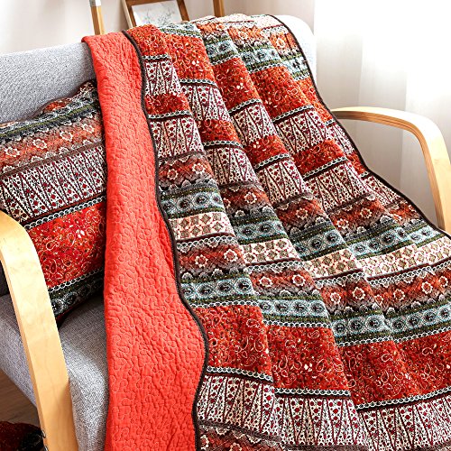 NEWLAKE Quilt Throw Blanket with Classical Floral Patchwork, Orange Jacquard, 60X78 Inch - color: Orange