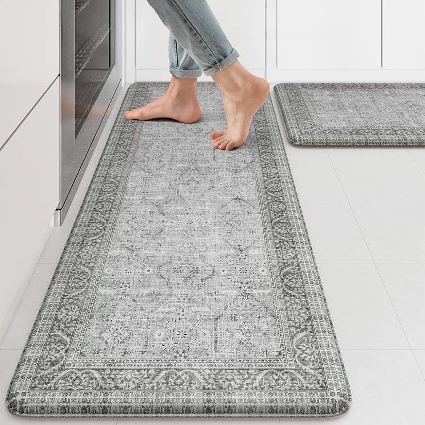KIMODE Anti Fatigue Kitchen Mat 2PCS,Waterproof Farmhouse Kitchen Rugs Grey - color: Grey, size: 47"L x 17.3"W x 0.47"Th + 29"L x 17.3"W x 0.47"Th