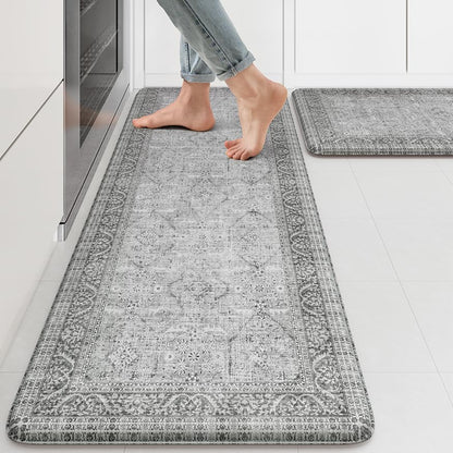 KIMODE Anti Fatigue Kitchen Mat 2PCS,Waterproof Farmhouse Kitchen Rugs Grey - color: Grey, size: 47"L x 17.3"W x 0.47"Th + 29"L x 17.3"W x 0.47"Th