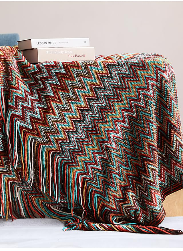 Throw Blanket Bohemian Knitted with Tassel 50x60 Inch (Red) - color: Red
