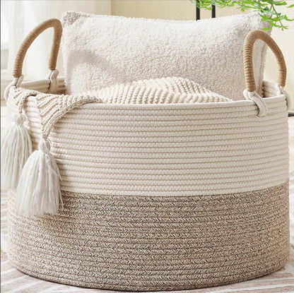 KAKAMAY Large Blanket Basket with Handles, Storage Basket for Living Room - color: Beige Mix