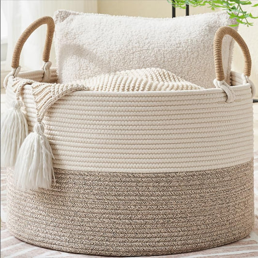KAKAMAY Large Blanket Basket with Handles, Storage Basket for Living Room - color: Beige Mix