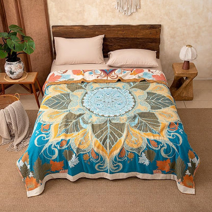 Boho Throw Blanket Reversible Cotton Woven Muslin Quilt Lightweight Summer Throw Blankets 60"x80" Super Soft Floral Printed Blanket Throws for Couch Sofa Bed Farmhouse Decor