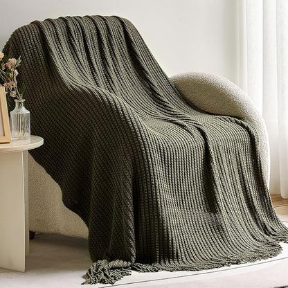 Blagic Knit Throw Blanket for Couch and Bed with Tassels,Dark Green,60"x80" - color: B-dark Green, size: 60 × 80 in