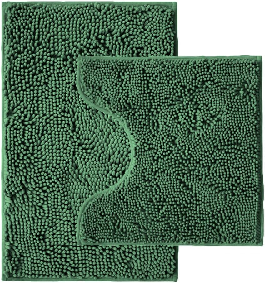 Bathroom Rugs Sets 2 Piece,Super Absorbent Chenille Bath Mats and U-Shaped Toilet Rug,Strong PVC Non Slip Backing,Microfiber Washable Dry Quickly Bath Mats for Bathroom(20"x32"+20"x20"U, Dark Green) - color: Dark Green
