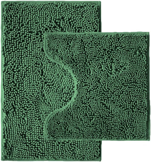 Bathroom Rugs Sets 2 Piece,Super Absorbent Chenille Bath Mats and U-Shaped Toilet Rug,Strong PVC Non Slip Backing,Microfiber Washable Dry Quickly Bath Mats for Bathroom(20"x32"+20"x20"U, Dark Green) - color: Dark Green
