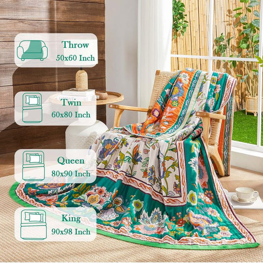 Boho Throw Blanket Cotton Muslin Woven Flower Decorative Blankets 50"x60" - color: A-green, size: 50x60 Inch