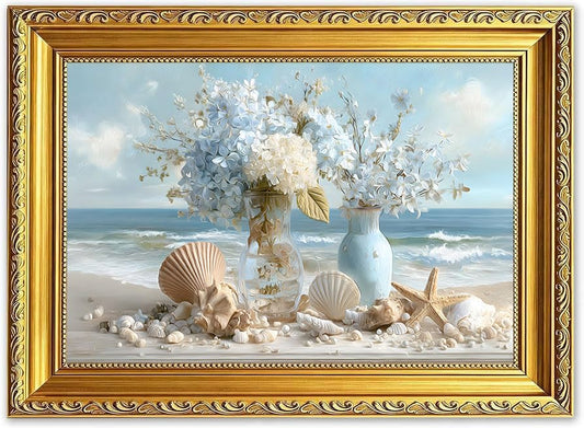 Coastal BathroVintage Ocean Hydrangea Artwork with Starfish Shells for Bathroom,Powder Room,Guest Bath,Beach House,Cottage Picture Decor om Wall Art Gold Framed Blue Floral Beach Decor 16x24in - color: Coastal, size: 24"L x 16"W