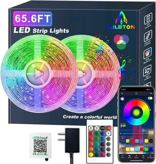 65.6ft/20M Led Strip Lights, Long Smart Music Sync 5050 RGB Color Changing Light Strip Bluetooth APP/IR Remote/Switch Box Control Rope Lights LED Lights for Bedroom,Party,Home Decoration,Festival - size: 65.6FT