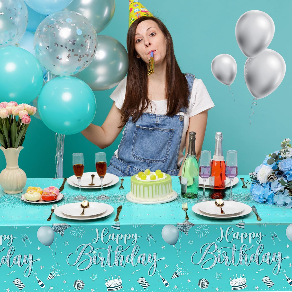 Tudomro 3 Pcs Plastic Happy Birthday Party Tablecloths,Teal - color: Teal