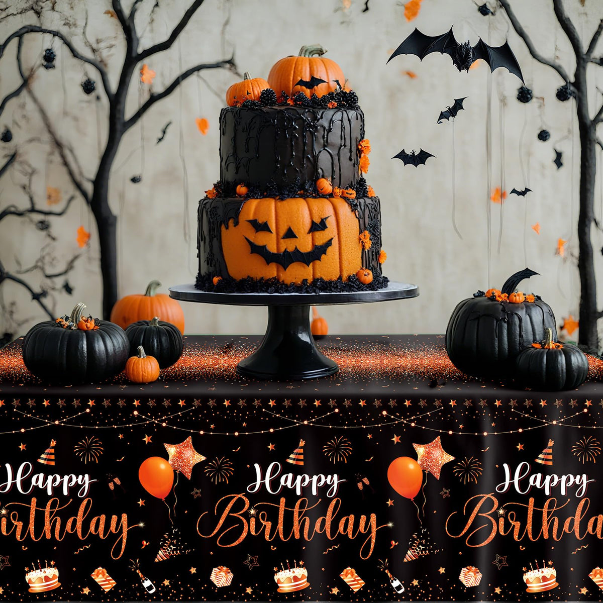 Tudomro 3 Pcs Plastic Happy Birthday Party Tablecloths,Black Orange - color: Black Orange