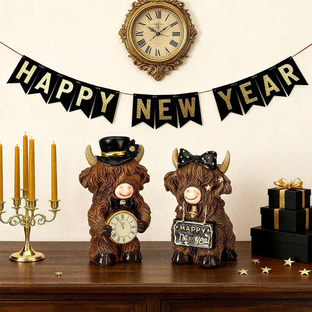 2 Pcs Happy New Year Highland Cow Figurines Decor, New Year Gifts - style: Happy New Year
